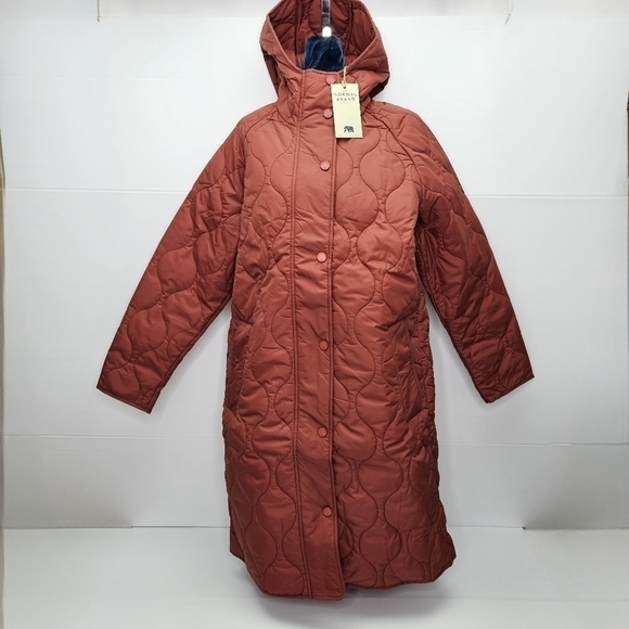 The Normal Brand Quilted Coat Size Small Hood Long Snap Close Burnt Orange NWT - Picture 9 of 15
